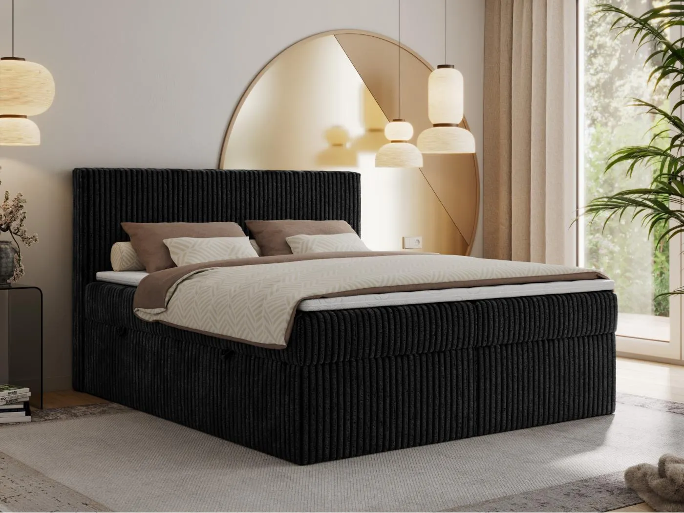 Boxspringbett TILIANO mit Kopfteil und zwei Bettkästen, Cord Bett - 140x200 cm - H3 - Schwarz Cord