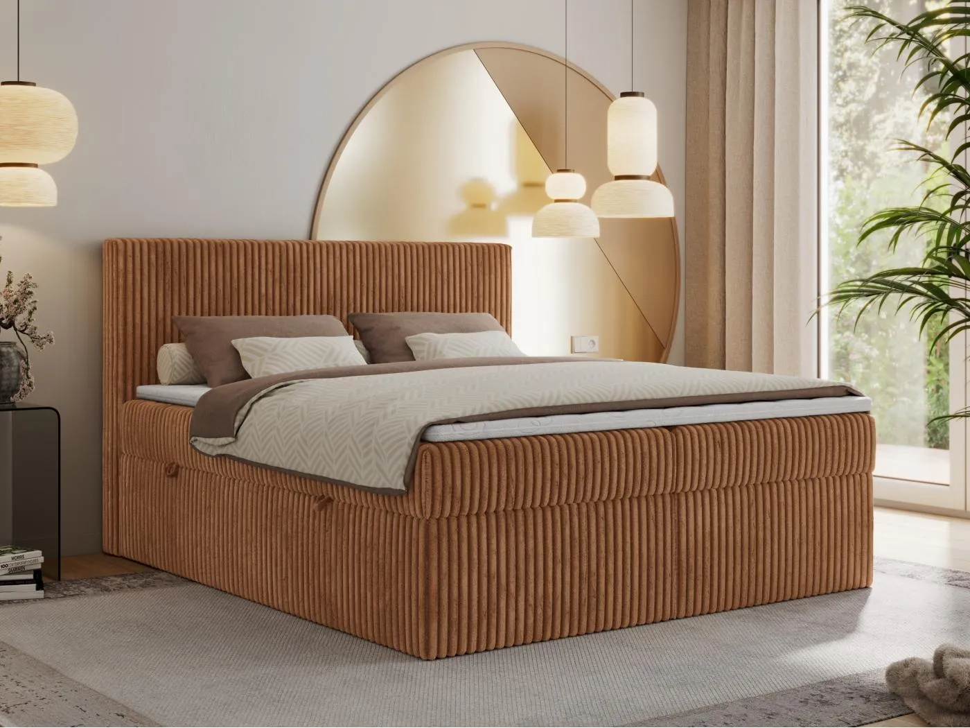 Boxspringbett TILIANO mit Kopfteil und zwei Bettkästen, Cord Bett - 180x200 cm - H4 - Orange Cord