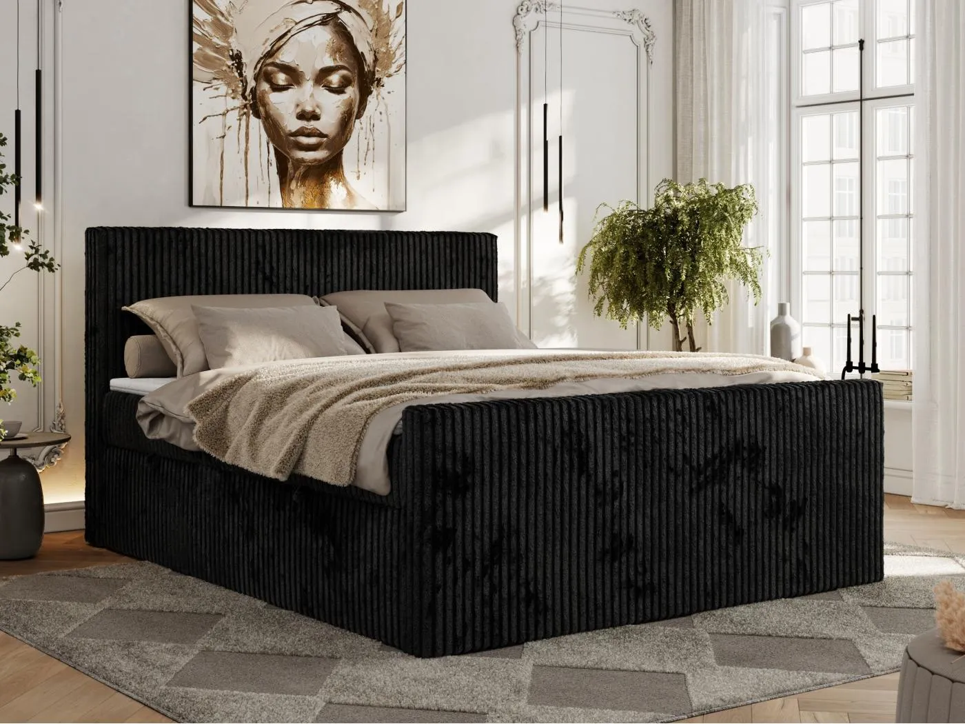 Boxspringbett TILIANO DUO mit gepolstertem Fußteil, Cord Bett, Multipocket-Matratze - 140x200 cm - H4 - Schwarz Cord
