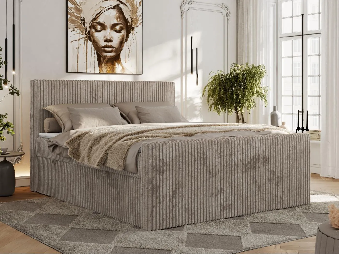 Boxspringbett TILIANO DUO mit gepolstertem Fußteil, Cord Bett, Multipocket-Matratze - 200x200 cm - H4 - Hellbraun Cord