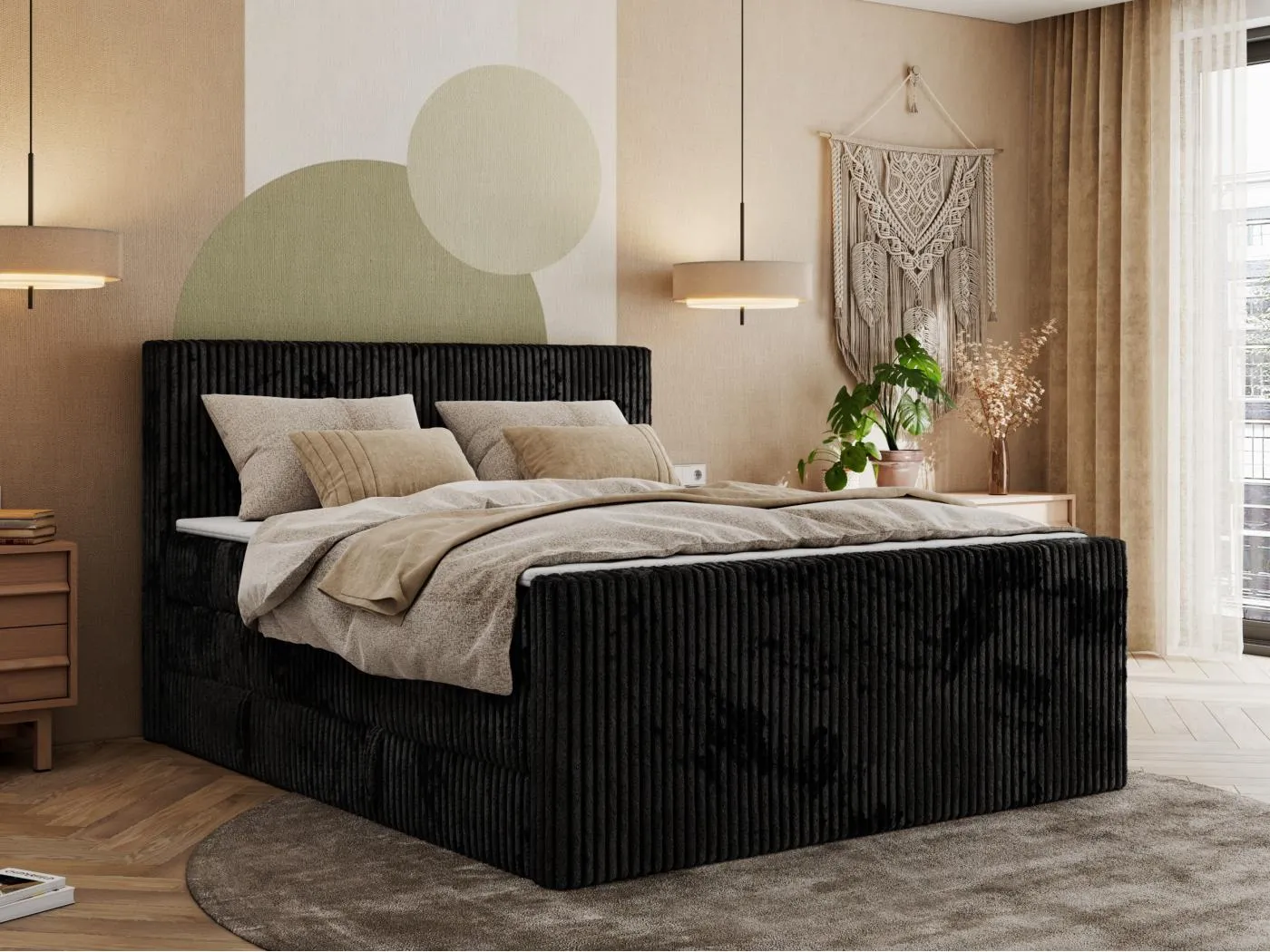 Boxspringbett TILIANO KING DUO, mit zwei Bettkästen, Cord Bett Multipocket-Matratze - 180x200 cm - H4 - Schwarz Cord