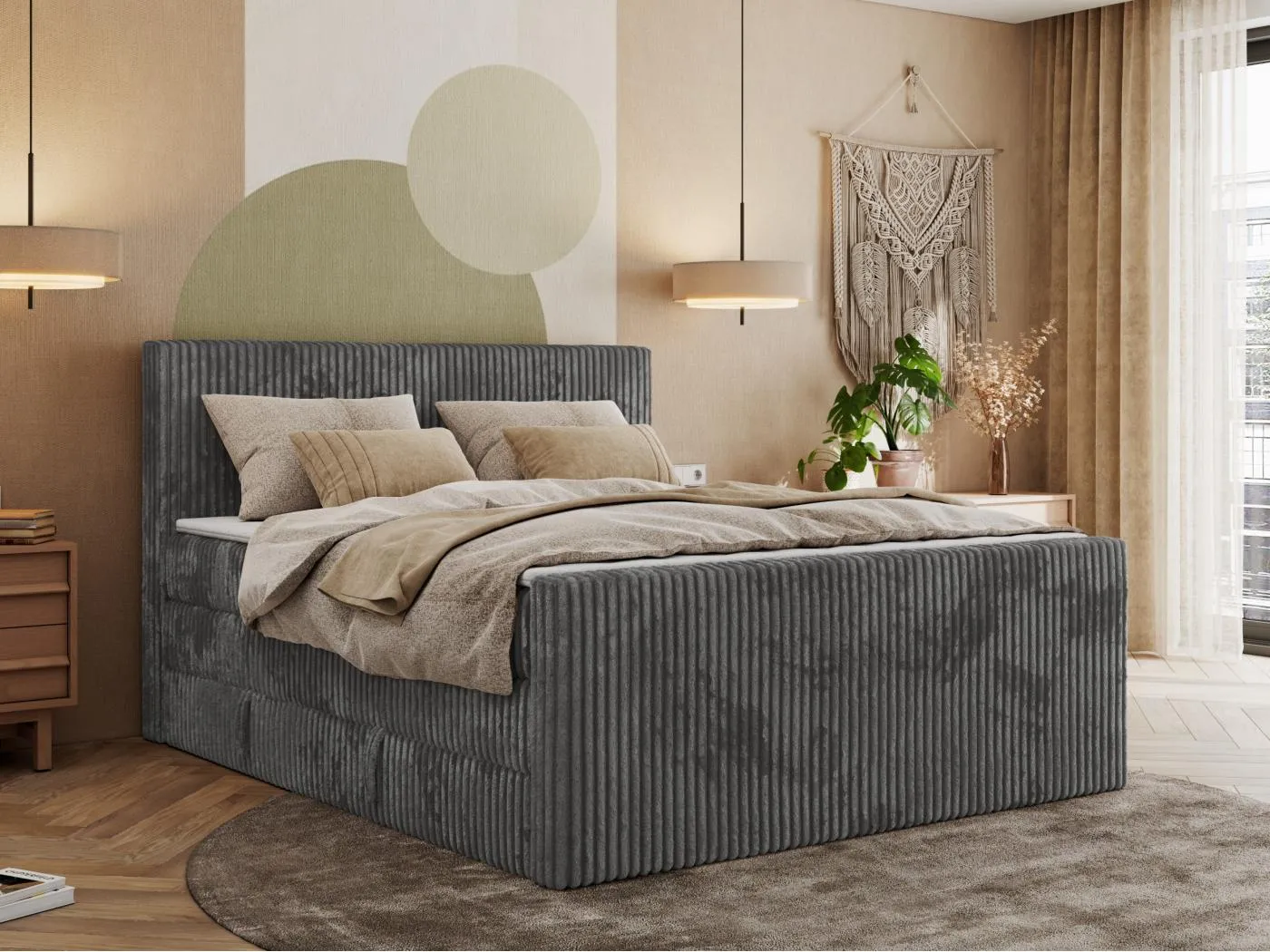 Boxspringbett TILIANO KING DUO, mit zwei Bettkästen, Cord Bett Multipocket-Matratze - 160x200 cm - H3 - Grau Cord