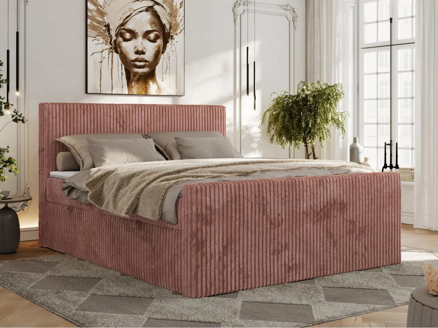 Boxspringbett TILIANO DUO mit gepolstertem Fußteil, Cord Bett, Multipocket-Matratze - 200x200 cm - H4 - Rosa Cord