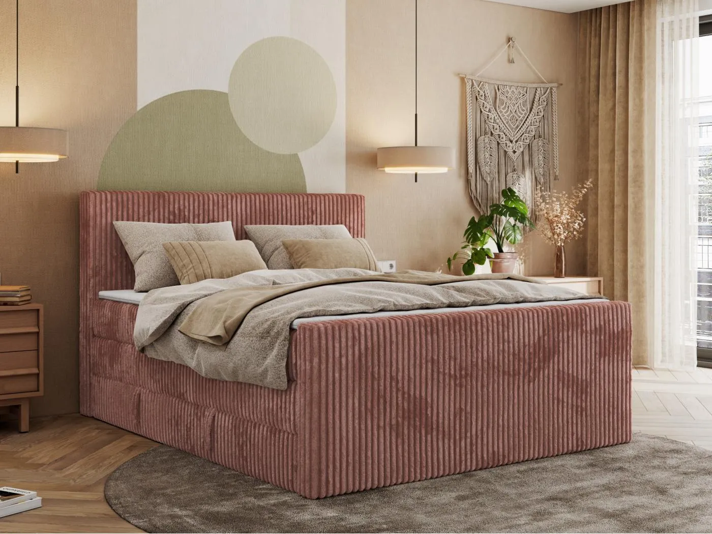 Boxspringbett TILIANO KING DUO, mit zwei Bettkästen, Cord Bett Multipocket-Matratze - 180x200 cm - H3 - Rosa Cord