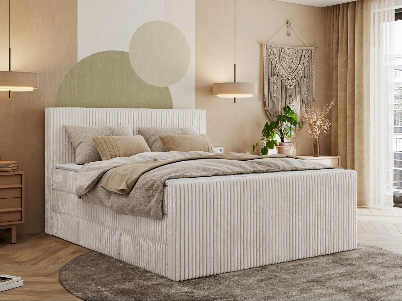 Boxspringbett TILIANO KING DUO, mit zwei Bettkästen, Cord Bett Multipocket-Matratze - 160x200 cm - H4 - Beige Cord