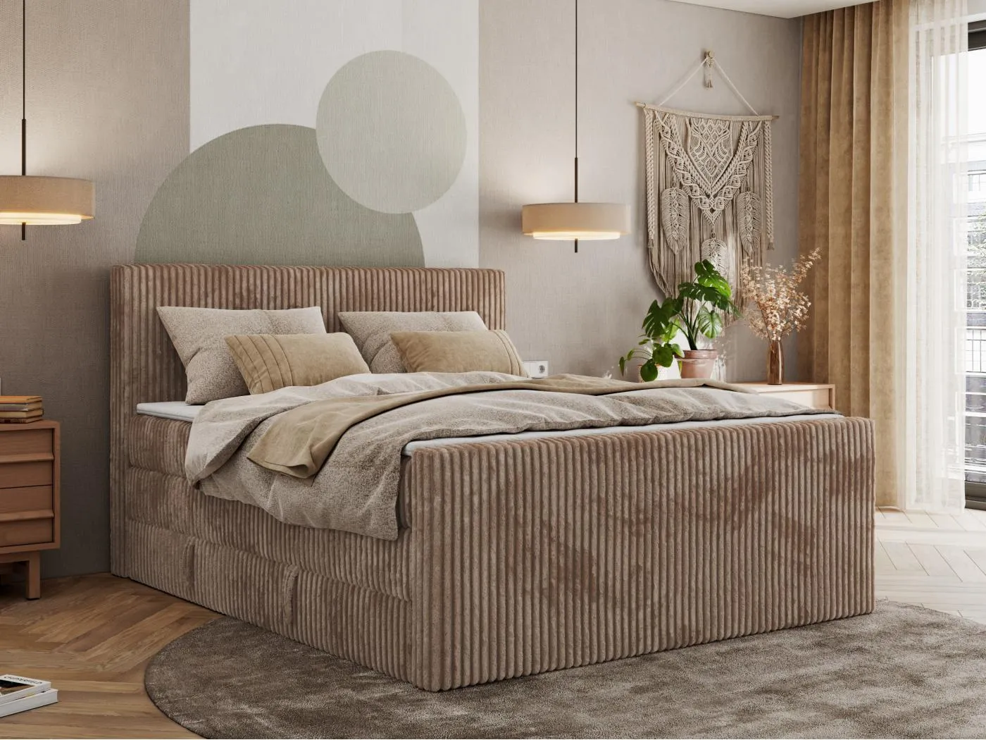 Boxspringbett TILIANO KING DUO, mit zwei Bettkästen, Cord Bett Multipocket-Matratze - 200x200 cm - H3 - Braun Cord