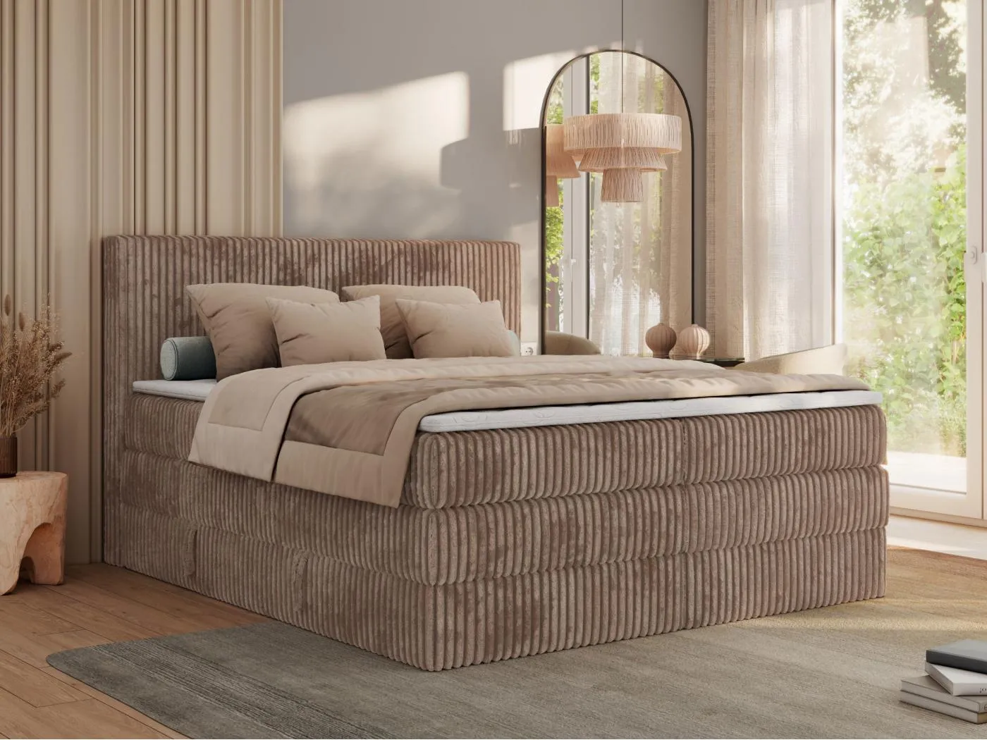 Boxspringbett TILIANO KING, Multipocket-Matratze, Cord Bett, Kopfteil und zwei Bettkästen - 200x200 cm - H3 - Braun Cord