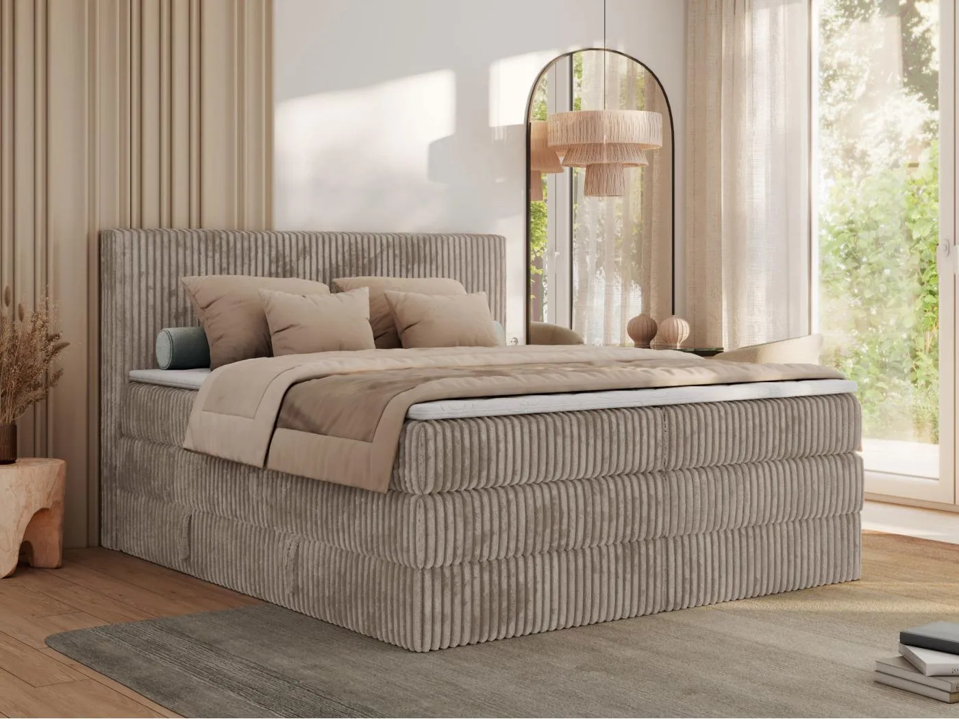 Boxspringbett TILIANO KING, Multipocket-Matratze, Cord Bett, Kopfteil und zwei Bettkästen - 180x200 cm - H4 - Hellbraun Cord