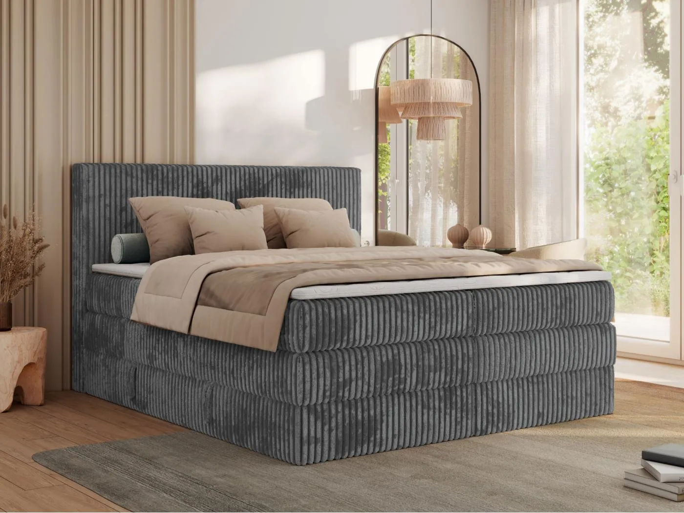 Boxspringbett TILIANO KING, Multipocket-Matratze, Cord Bett, Kopfteil und zwei Bettkästen - 200x200 cm - H4 - Grau Cord