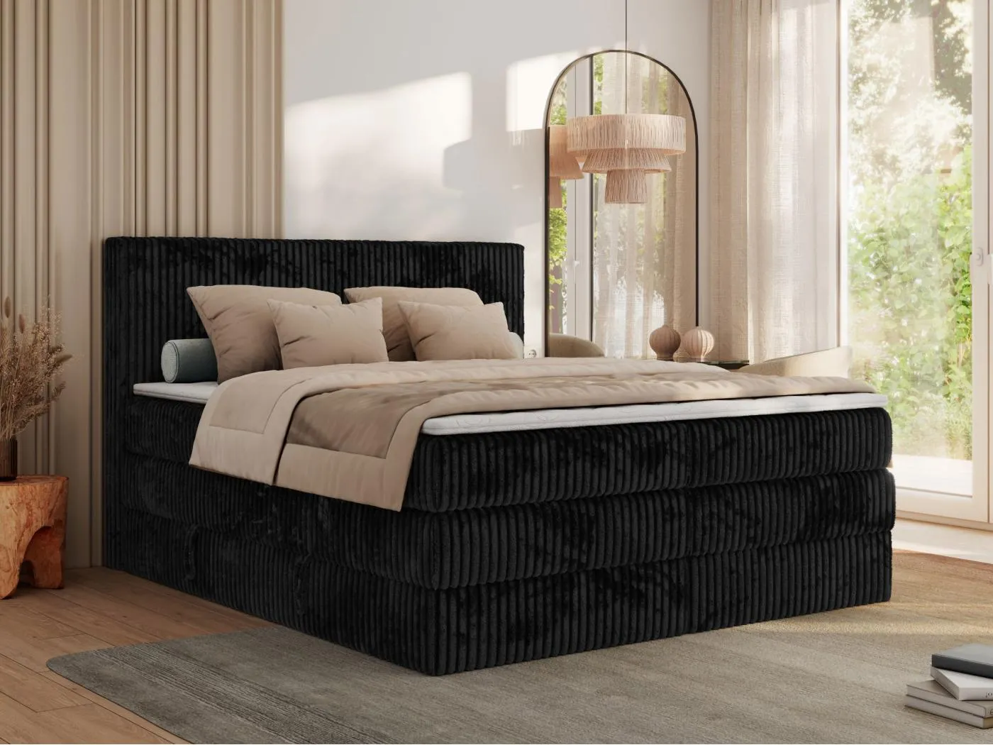 Boxspringbett TILIANO KING, Multipocket-Matratze, Cord Bett, Kopfteil und zwei Bettkästen - 140x200 cm - H4 - Schwarz Cord
