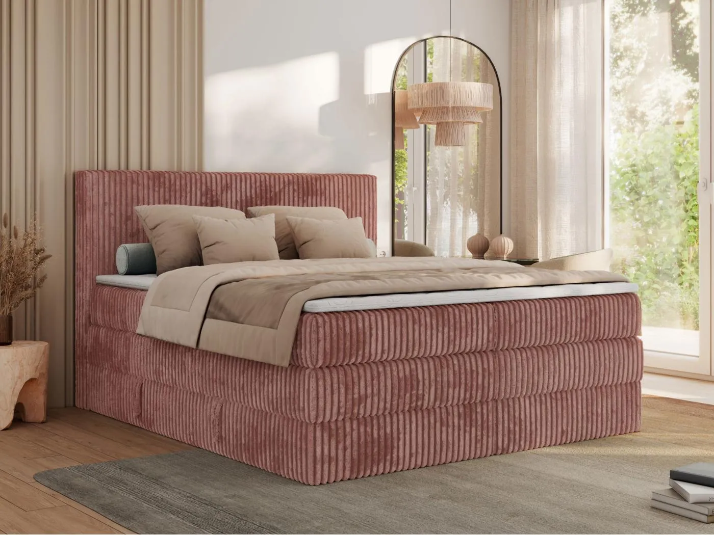 Boxspringbett TILIANO KING, Multipocket-Matratze, Cord Bett, Kopfteil und zwei Bettkästen - 180x200 cm - H4 - Rosa Cord