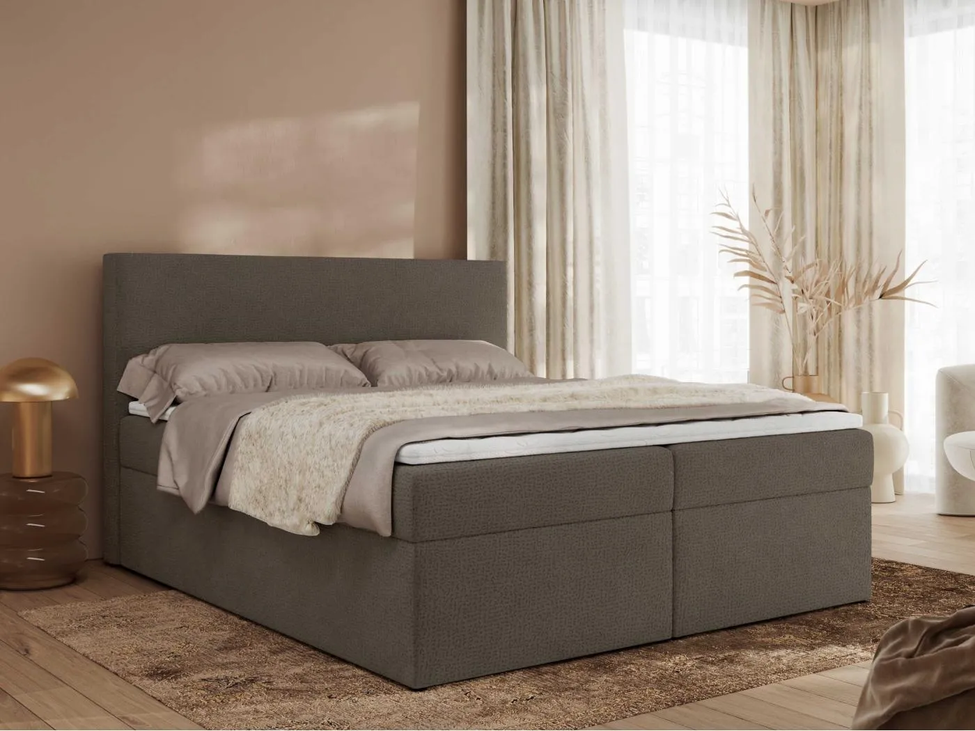 Boxspringbett JAGUAR - Doppelbett mit Multipocket-Matratze und Topper, Struktur dekostoff, zwei Bettkästen - 180x200 cm - H4 - Braun Struktur