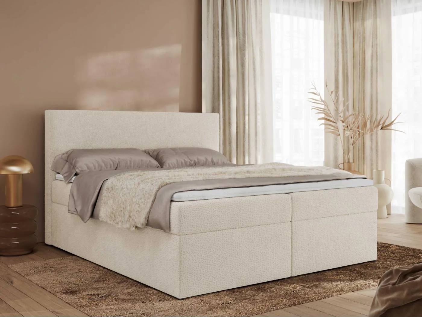 Boxspringbett JAGUAR - Doppelbett mit Multipocket-Matratze und Topper, Struktur dekostoff, zwei Bettkästen - 200x200 cm - H4 - Hellbeige Struktur