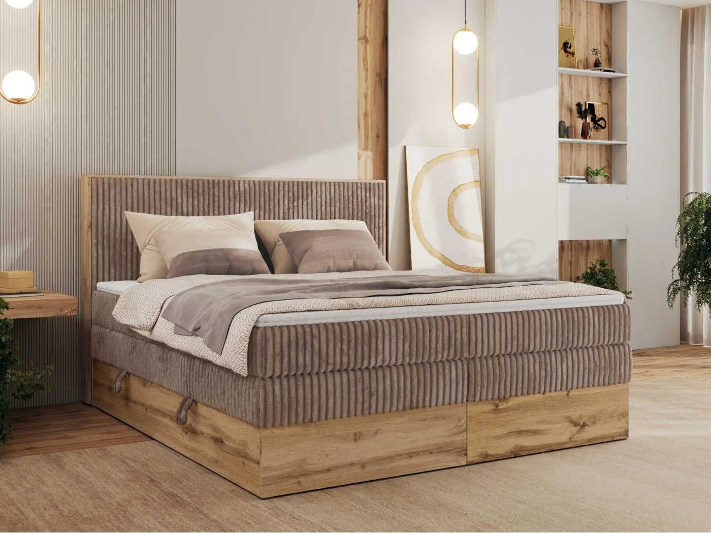 Boxspringbett WOOD CLASSIC KING - Polsterbett mit hohe Kopfteil, zwei Multipocket-Matratze, Bettkästen - 200x200 cm - H3 - Braun Cord
