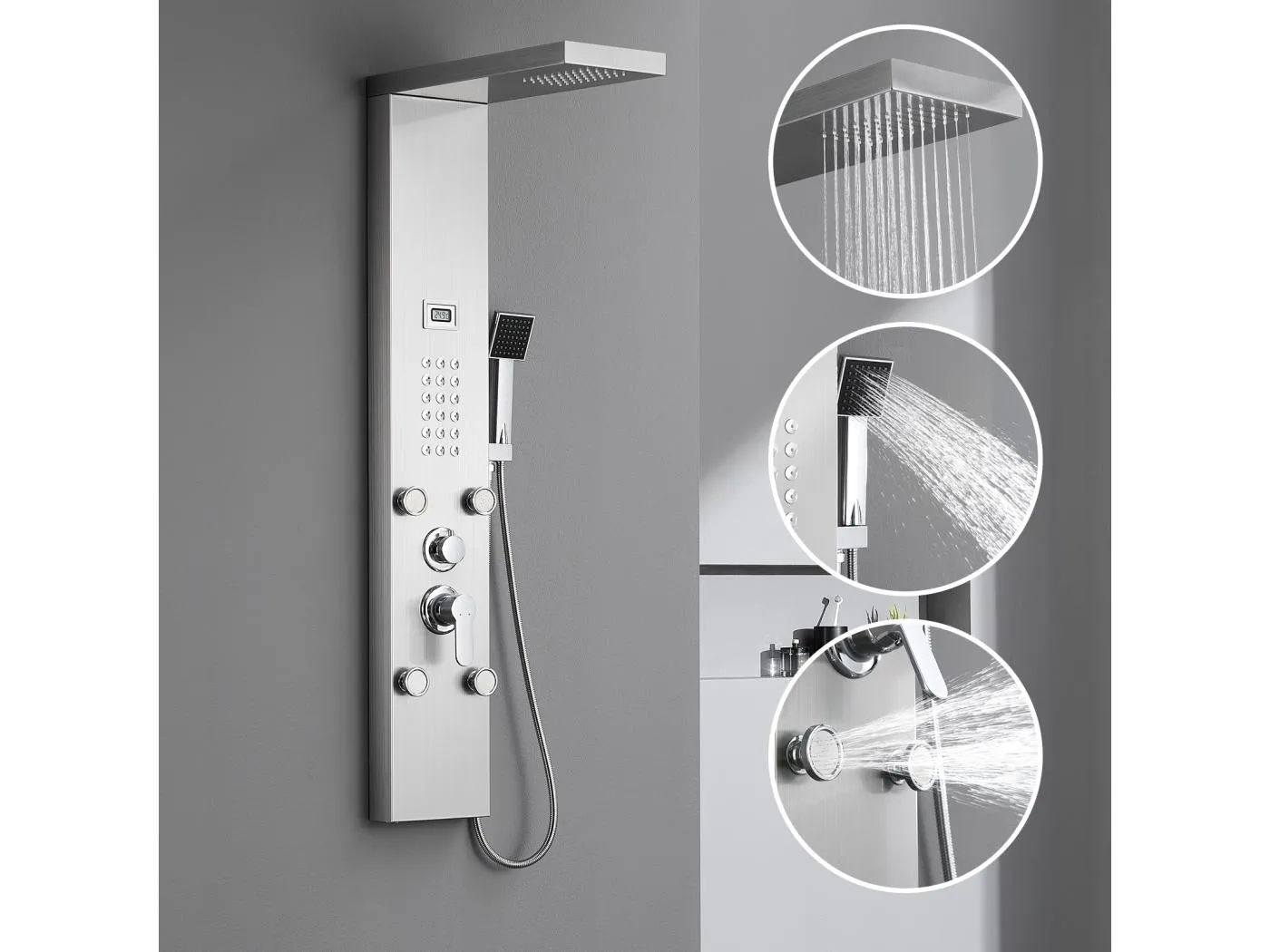 AURALUM MAX Hydromassage-Duschsäule mit LCD-Bildschirm, Temperaturanzeige, multifunktionales Duschpaneel aus Edelstahl mit 4 Massagedüsen