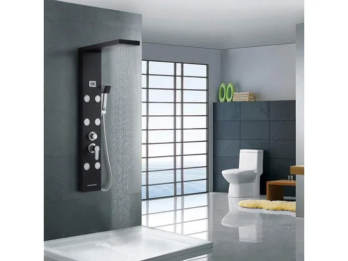 AuraLum Max Duschsäule Schwarz, LED-Duschpaneel, Hydromassage, multifunktionales Duschsystem, Wandsäule, 6 große Massagedüsen, EU-Modell