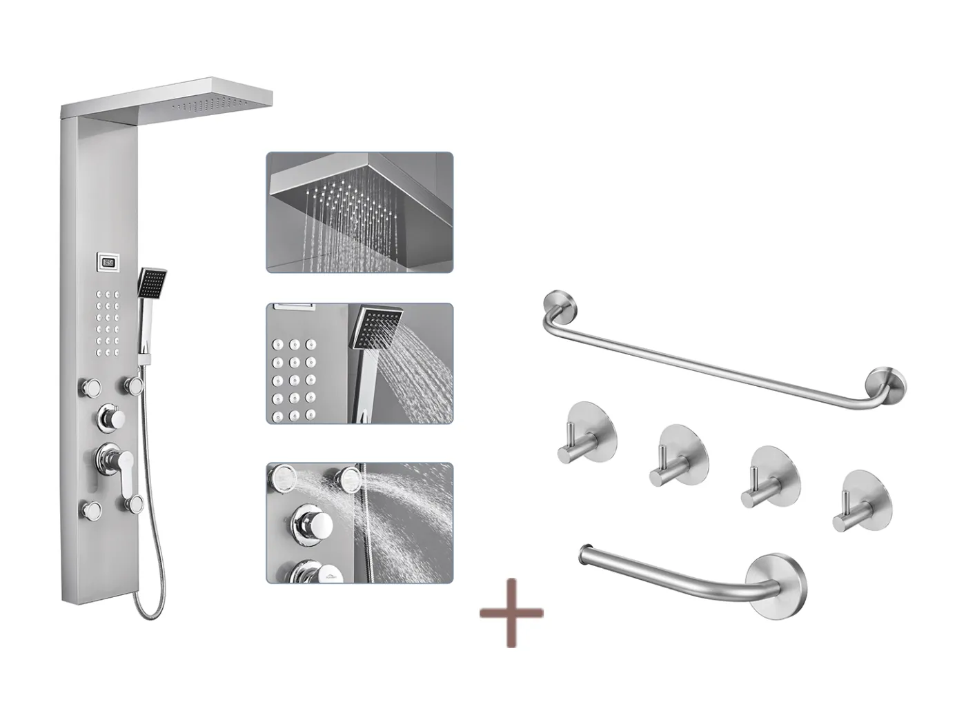 Auralum max Hydromassage-Duschsäule mit LCD-Bildschirm, Temperaturanzeige, Edelstahl, 4 Massagedüsen + 6-teiliges Badezimmer-Zubehörset, Edelstahl
