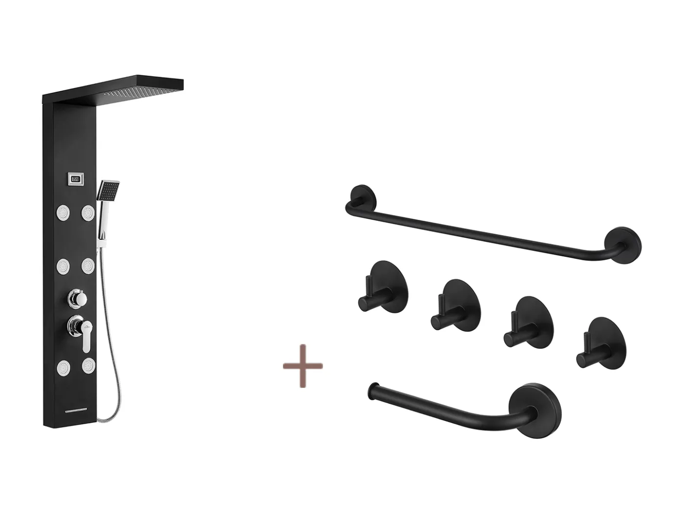 Schwarzes Hydromassage-Duschpaneel, Edelstahl, mit 6 Massagedüsen, LCD-Bildschirm + 6-teiliges Badezimmer-Zubehörset, selbstklebend/bohrbar, Nox, Schwarz