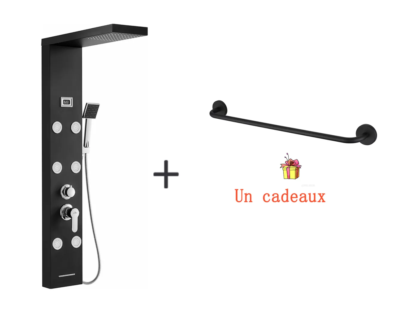 Schwarzes Hydromassage-Duschsäulenpaneel, Edelstahl mit 6 großen Massagedüsen, LCD-Bildschirm + Badezimmer-Handtuchhalter, selbstklebend/bohrend, 60 cm