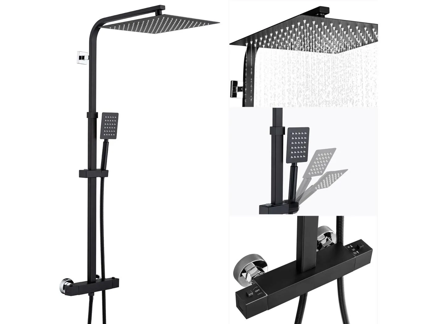 Thermostat-Duschsäule, 38 °C, schwarze Duschsäule mit einstellbarem Thermostat-Duschsystem, Mischerhöhe 90–116 cm, Badezimmer