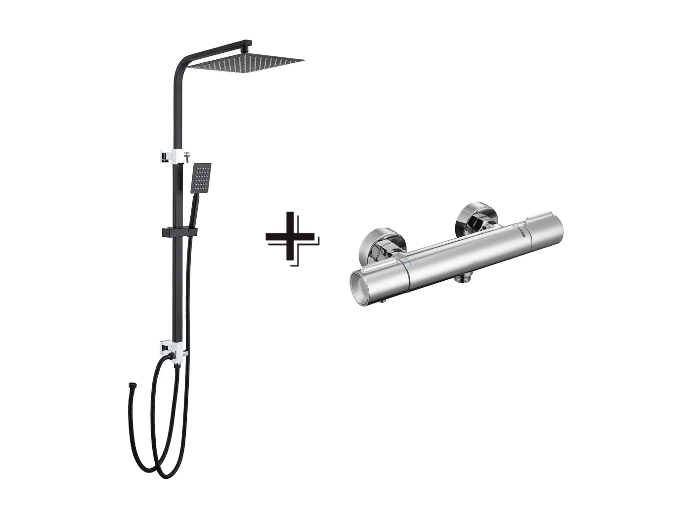 Schwarze Duschsäule, ohne Mischer, höhenverstellbar 690-1130 cm + Thermostat-Brausemischer, sicherer Knopf bei 38 °C, Chrom