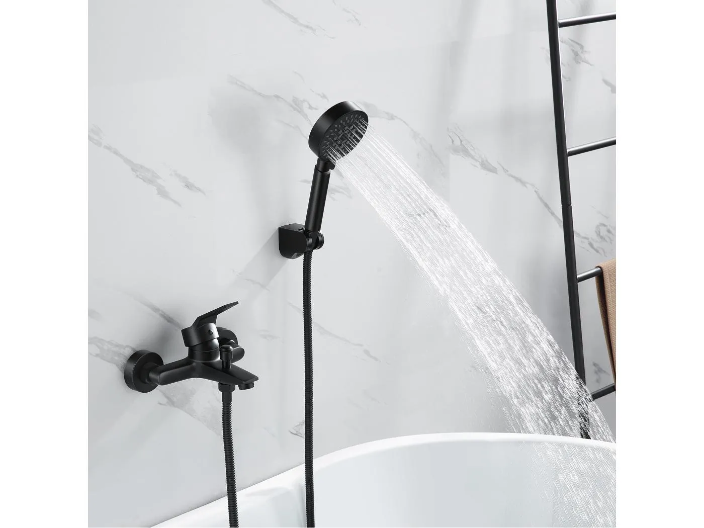 Schwarzer Badewannen-Mischhahn, Badewannenarmatur mit 5 Düsen, Handbrause/Brauseschlauch (1,5 m) Halterung, wandmontierter Einhebel-Duschmischhahn