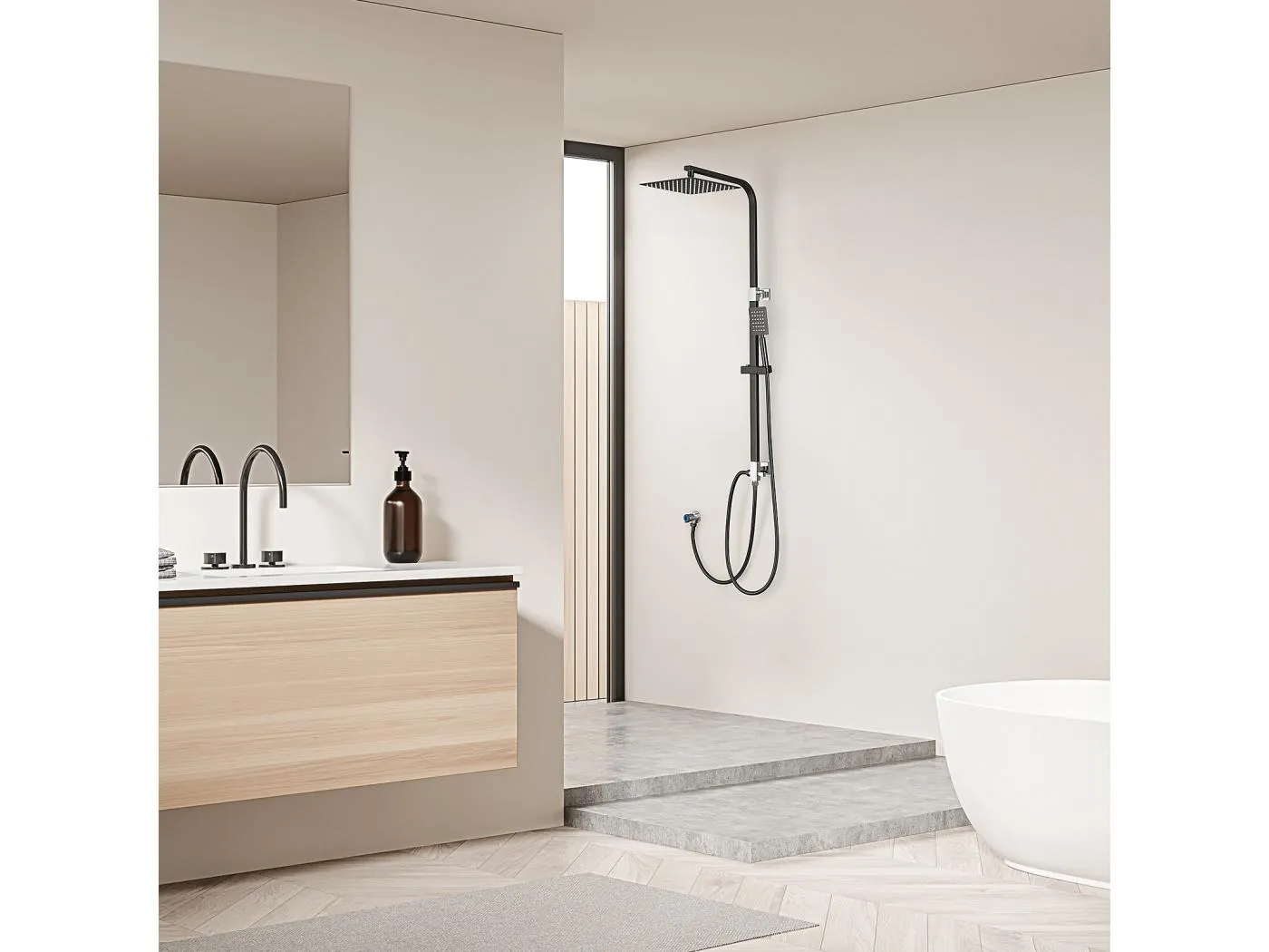 Schwarzes Duschset, Messing-Duschsäule ohne Mischbatterie, Duschsystem mit Handbrausen und quadratischem Duschkopf