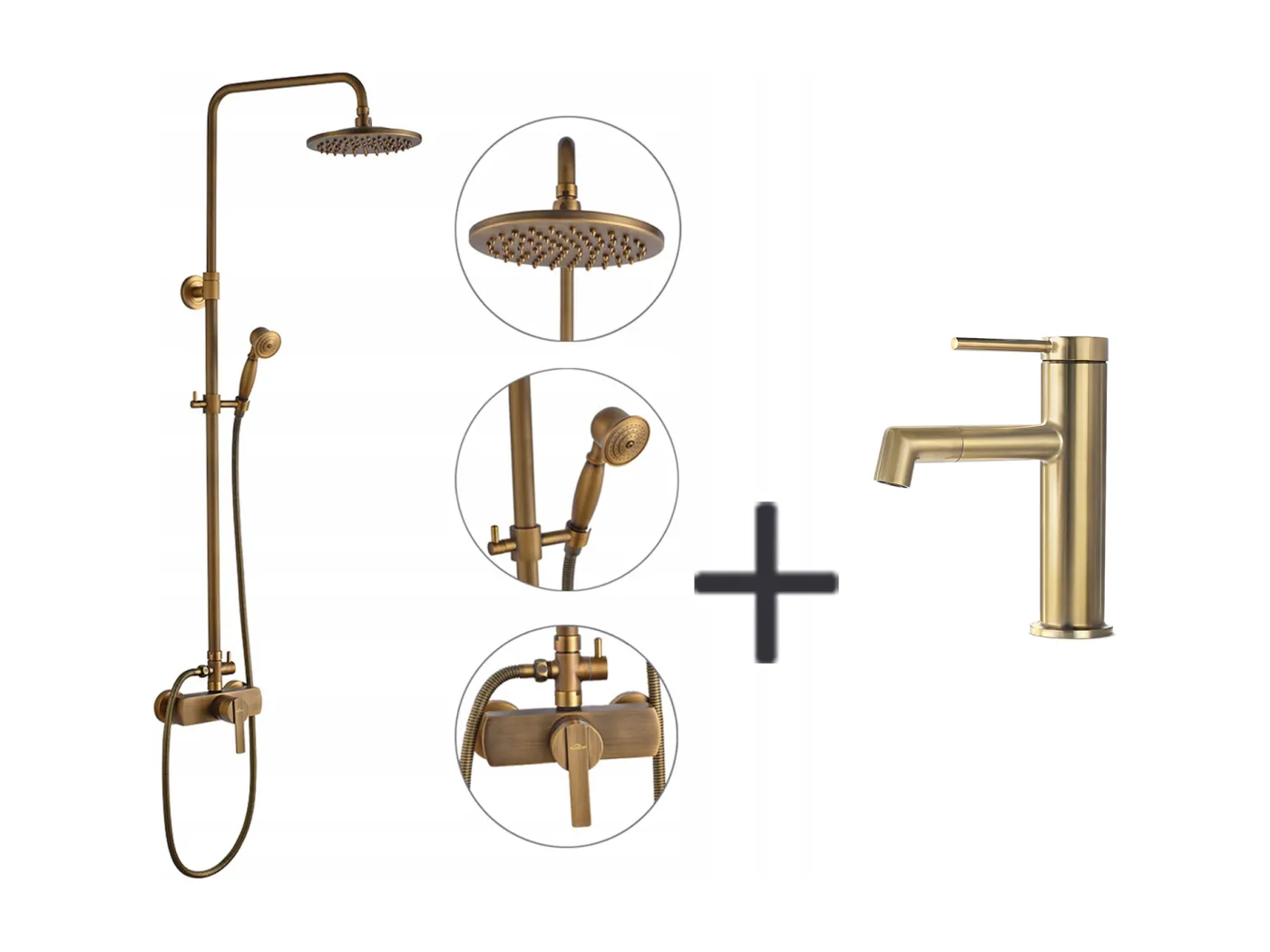 Auralum Max Retro-Duschsäule aus Bronze-Messing, Dusche mit mechanischem Mischer, verstellbare Höhe + 360° schwenkbarer Waschbeckenhahn, heißes/kaltes Wasser, Gold