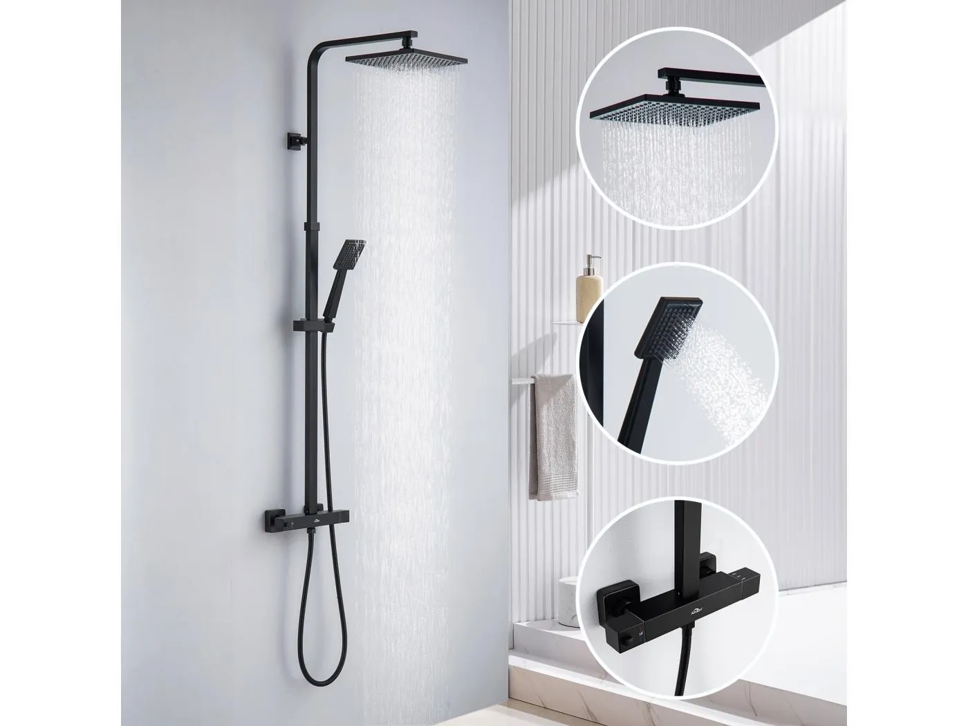 Schwarze thermostatische Duschsäule, höhenverstellbares Duschset mit 2 Funktionen mit Thermostatmischer, Regenduschsystem fürs Badezimmer