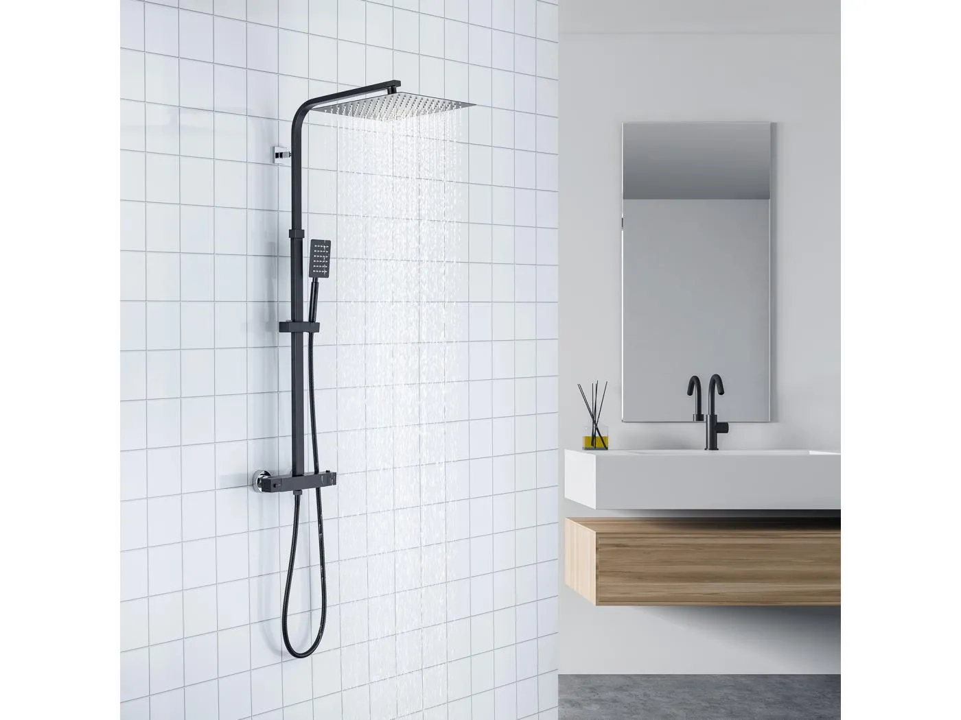 Thermostatische Duschsäule, höhenverstellbarer Duschkopf 30 x 30 cm, schwarze Duschsäule aus Edelstahl, thermostatischer Badezimmermischer, EU-Modell