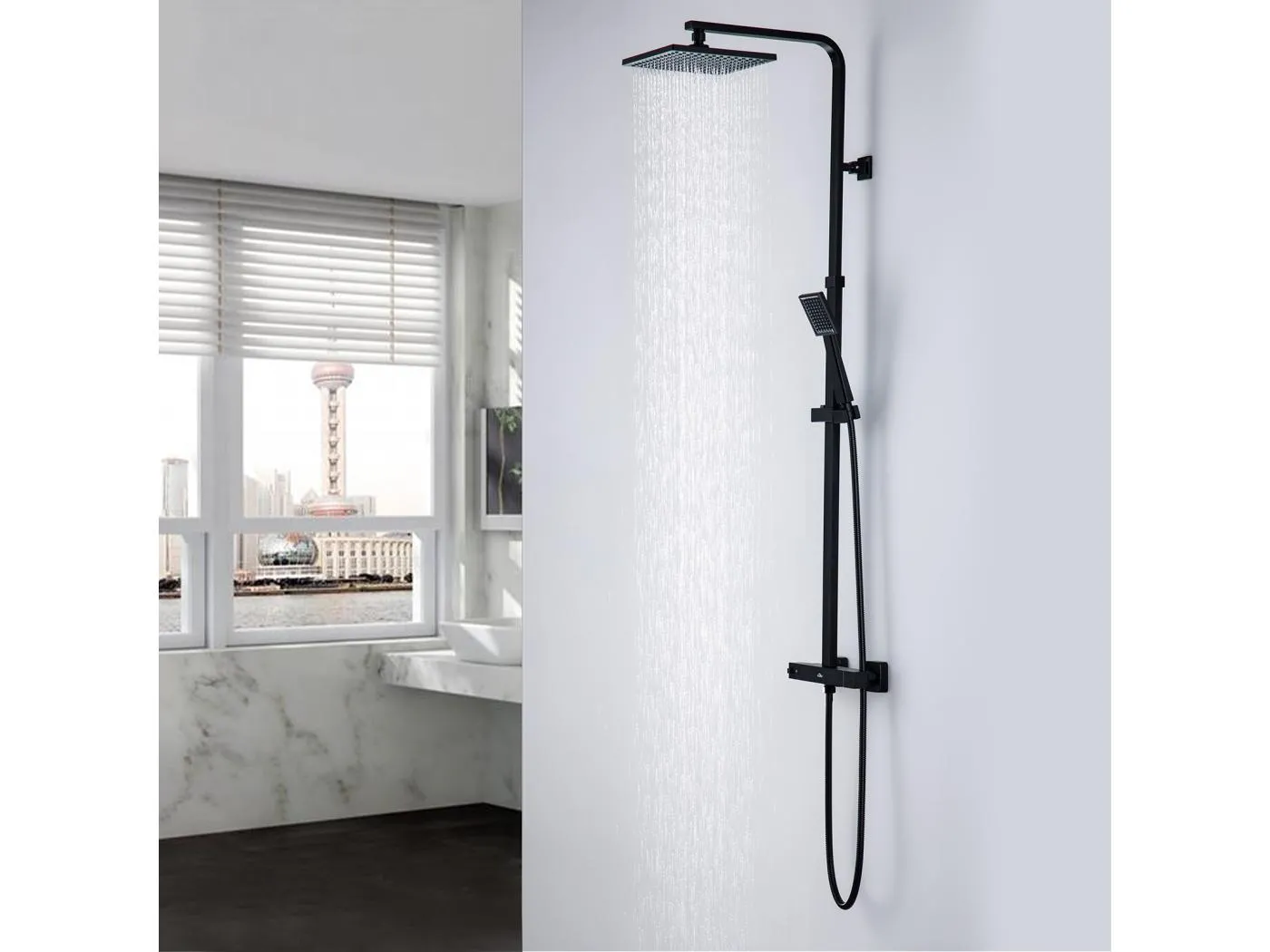 Schwarze Thermostat-Duschsäule, Duschset, Messingmischer, Thermostatmischer mit Duschkopf/Handbrause, höhenverstellbar, EU-Modell