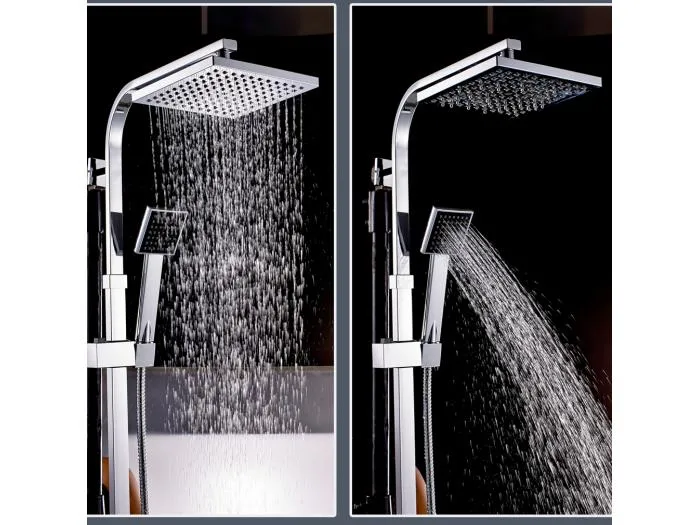 Thermostatisches Duschsäulensystem, höhenverstellbares Duschset mit Handbrause/quadratischer Kopfbrause, 38 °C, Verbrühschutz, Chrom