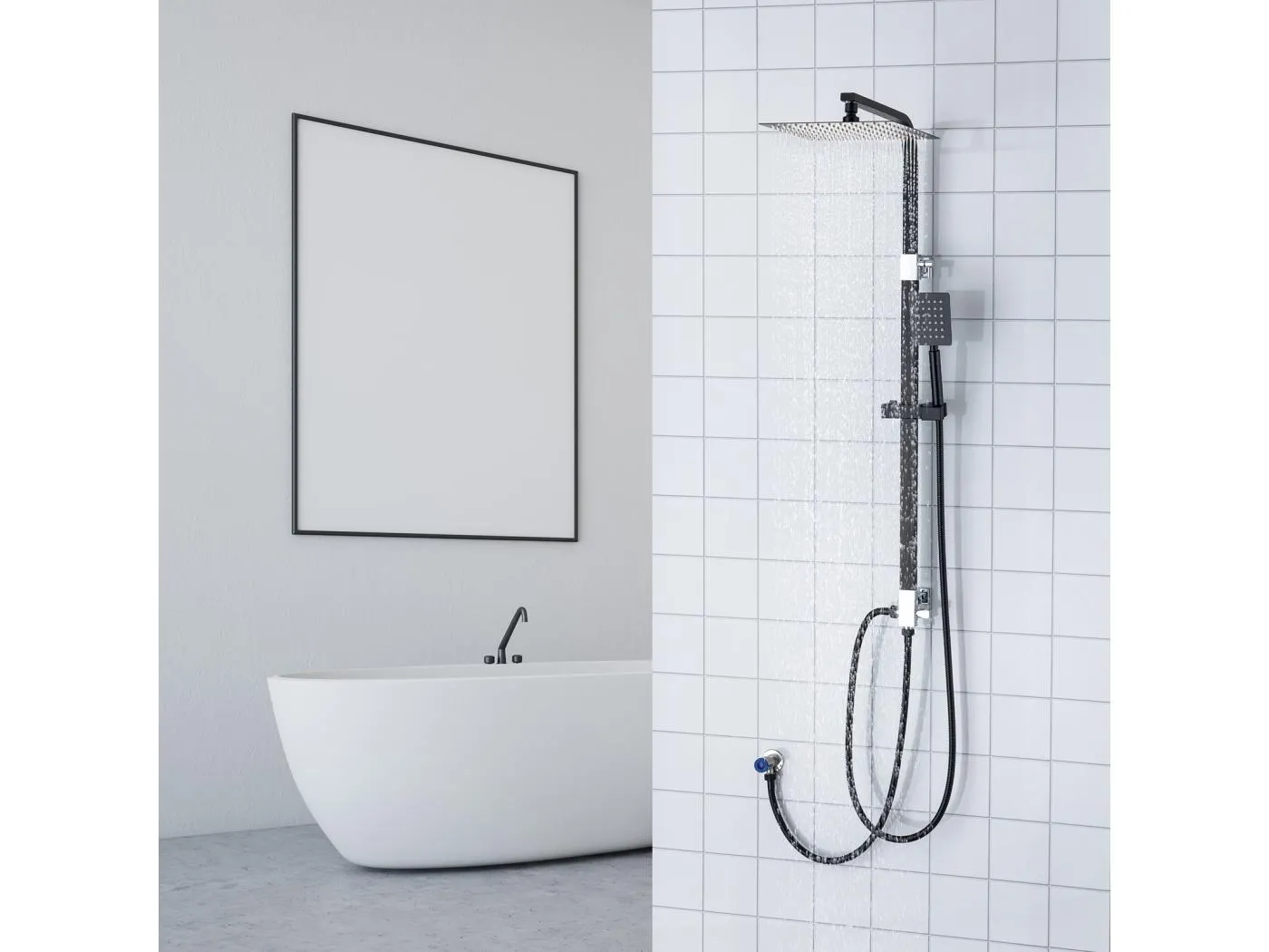 Schwarze Duschsäule ohne Mischbatterie Duschsystem mit Handbrause/quadratischer Duschkopf 10 Zoll/einstellbare Höhe 690-1130 mm Badezimmer, EU-Modell