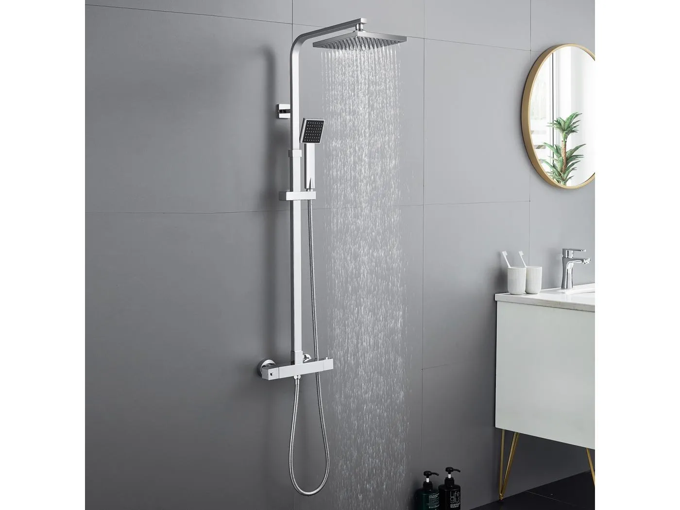 Thermostatische Duschsäule, 2 Funktionen, Duschset mit 10-Zoll-Duschkopf, einstellbare Höhe 92-125 cm