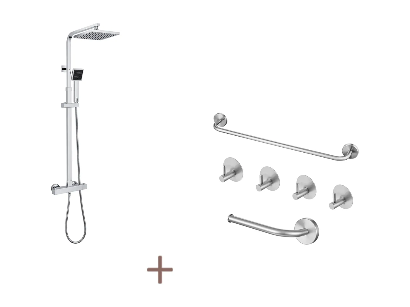 Auralum max quadratische Thermostat-Duschsäule, Duschsystem aus Messing + 6-teiliges Badezimmer-Zubehörset, Edelstahl, gebürstet