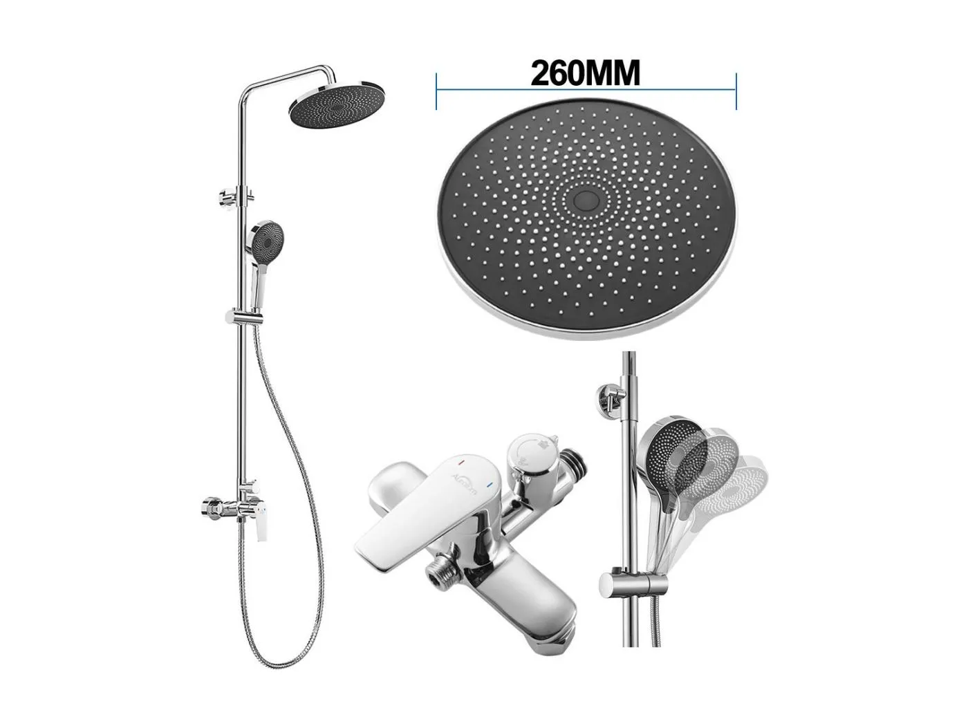 AURALUM MAX Duschsäule Chrom, mit Einhebelmischer, höhenverstellbares Duschset 103-139 cm, Duschmischer mit Duschkopf/3-Strahl-Handbrause