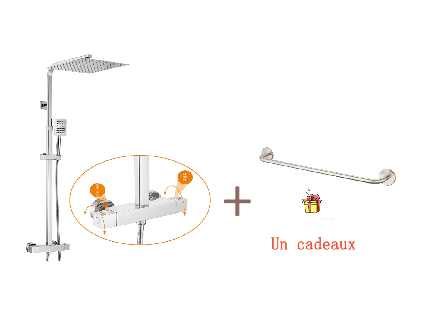 AURALUM MAX Duschsäule mit Thermostat, höhenverstellbar zwischen 96-130cm, Chrom + 60cm Handtuchhalter fürs Bad, selbstklebend oder zum Bohren, aus Edelstahl