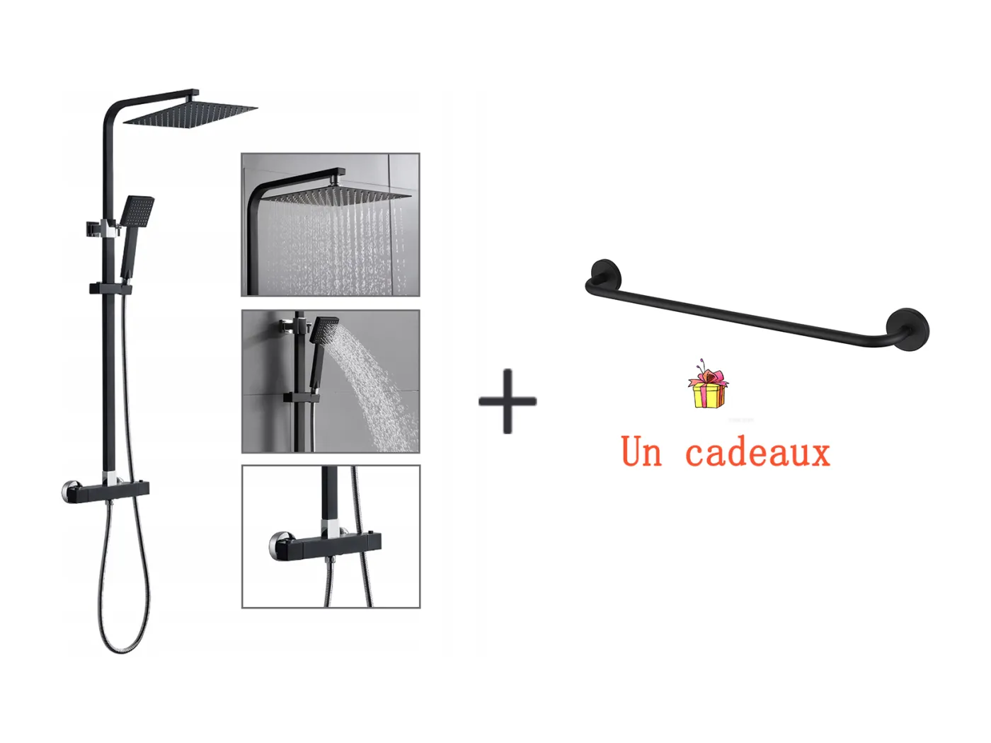 Schwarze Thermostat-Duschsäule mit 9,7-Zoll-Oberbrause für Badezimmer + Handtuchhalter für Badezimmer, selbstklebend/bohrend, 60 cm