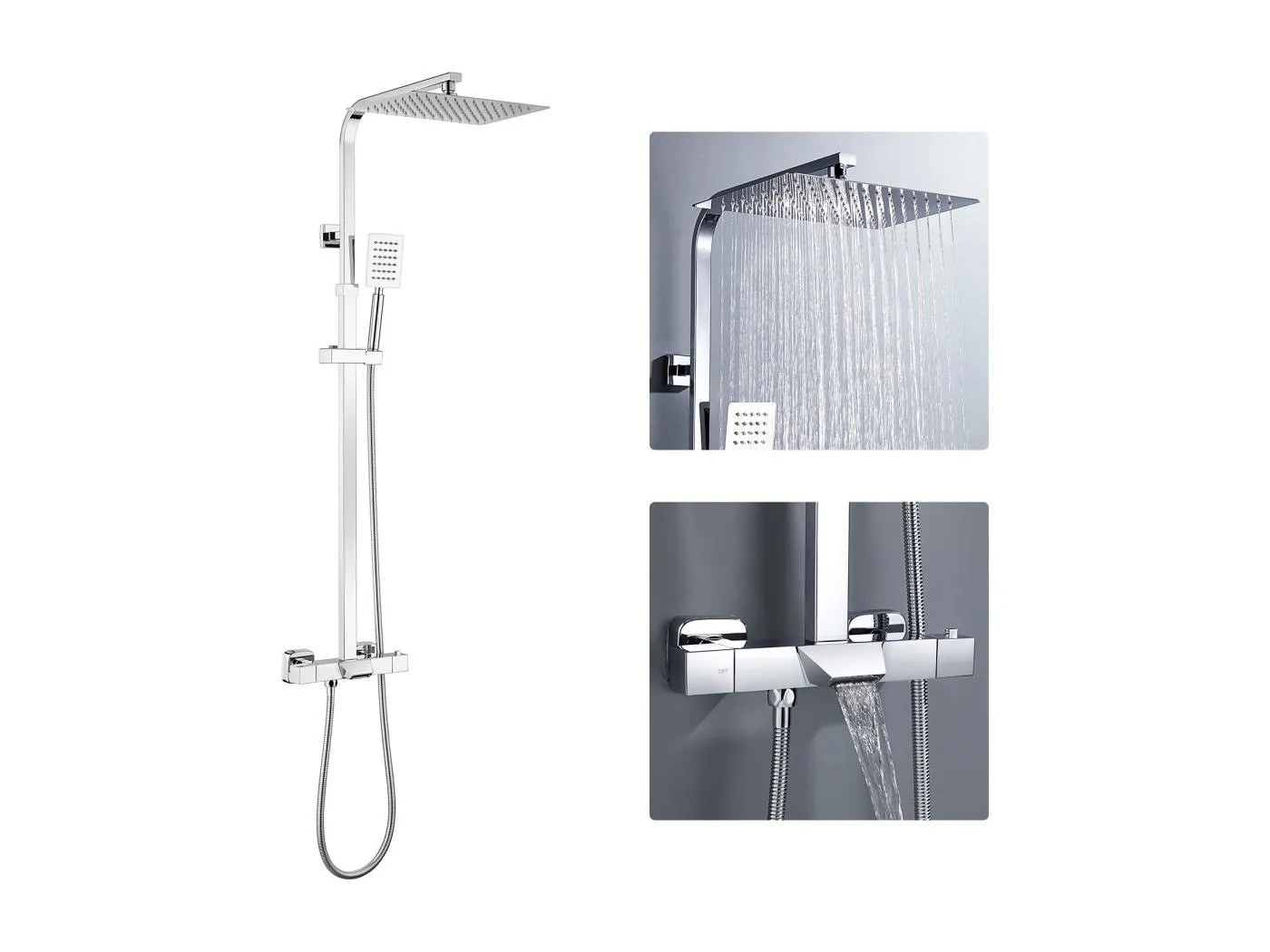 Thermostatische Duschsäule, 3 Funktionen, Duschset aus Messing, mit Wasserfall-Duschmischer, einstellbare Höhe 98,5-129,5 cm, Chrom