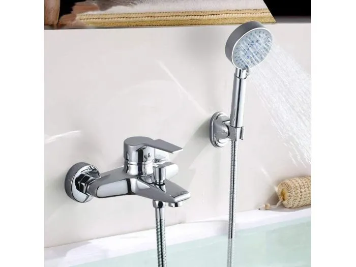 AURALUM MAX Chrom-Wannenmischbatterie, Badewannenarmatur mit 5 Düsen, Handbrause/Brauseschlauch (1,5 m) Halterung, wandmontierte Einhebel-Wannenmischbatterie
