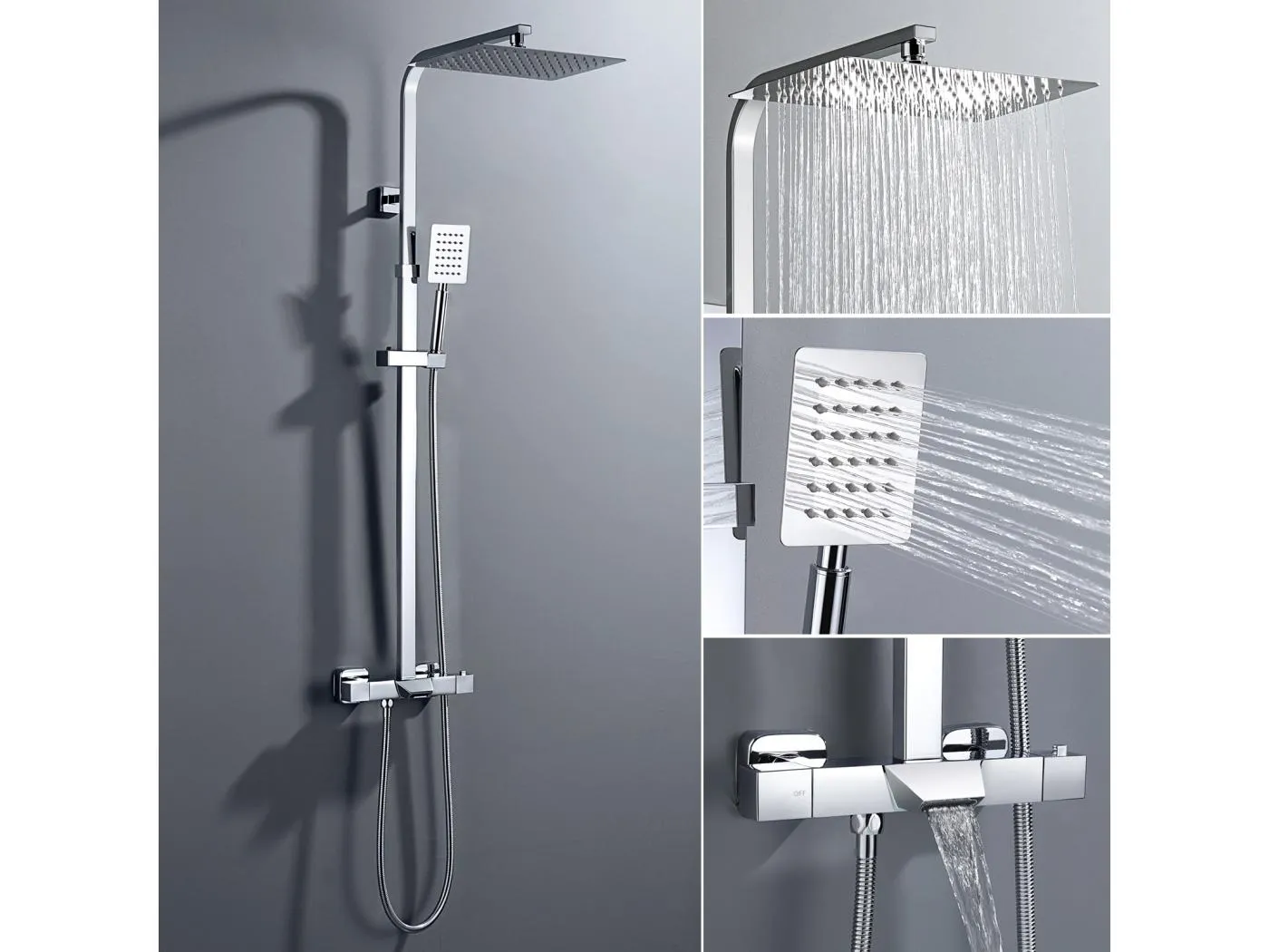 Thermostatische Duschsäule, höhenverstellbar, Duschsystem aus Messing, 3 Duschmodi, wandmontiertes Duschset, Chrom