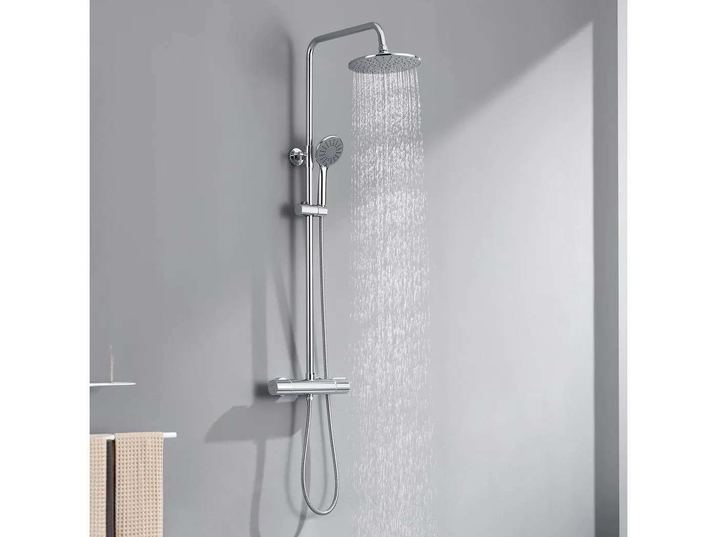 Thermostatische Duschsäule, Chrom, Duschset mit Handbrause, 3 Wasserstrahlensystem, Thermostat-Duschset, höhenverstellbar