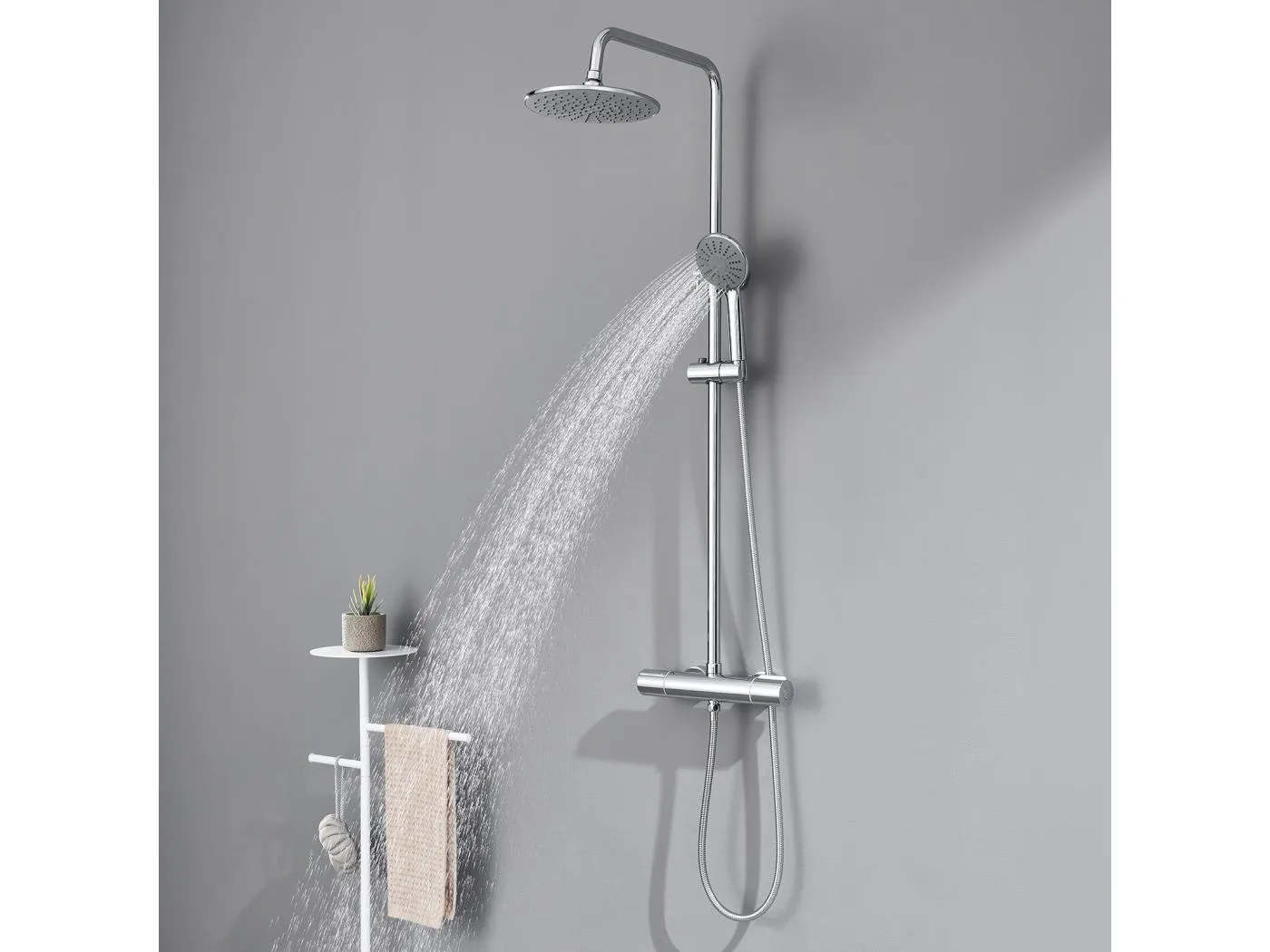 Auralum max Duschsäule mit Thermostatmischer, verchromtes, rundes Messing-Duschset, höhenverstellbares Duschsystem, 3 Wasserstrahlen, Handbrause