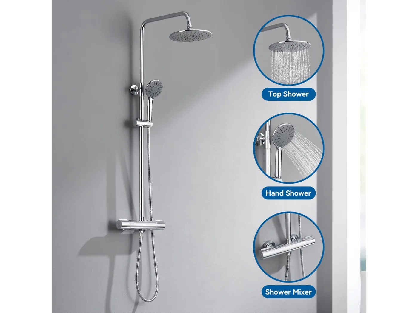 Thermostatische Duschsäule, 3-Strahl-Handbrause, 9-Zoll-Duschkopf, höhenverstellbares Duschset zwischen 800–1100 mm, Chrom