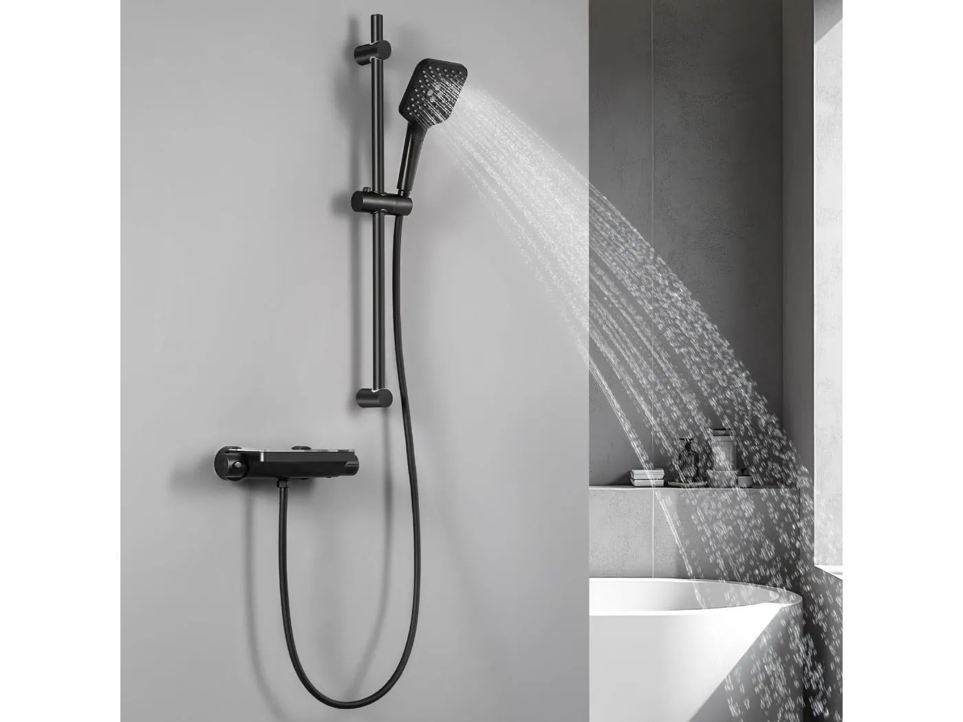 Thermostat-Duschsäule 38 °C mit Ablagetisch aus gehärtetem Glas, Wand-Thermostat-Wasserhahn-Set, Schwarz