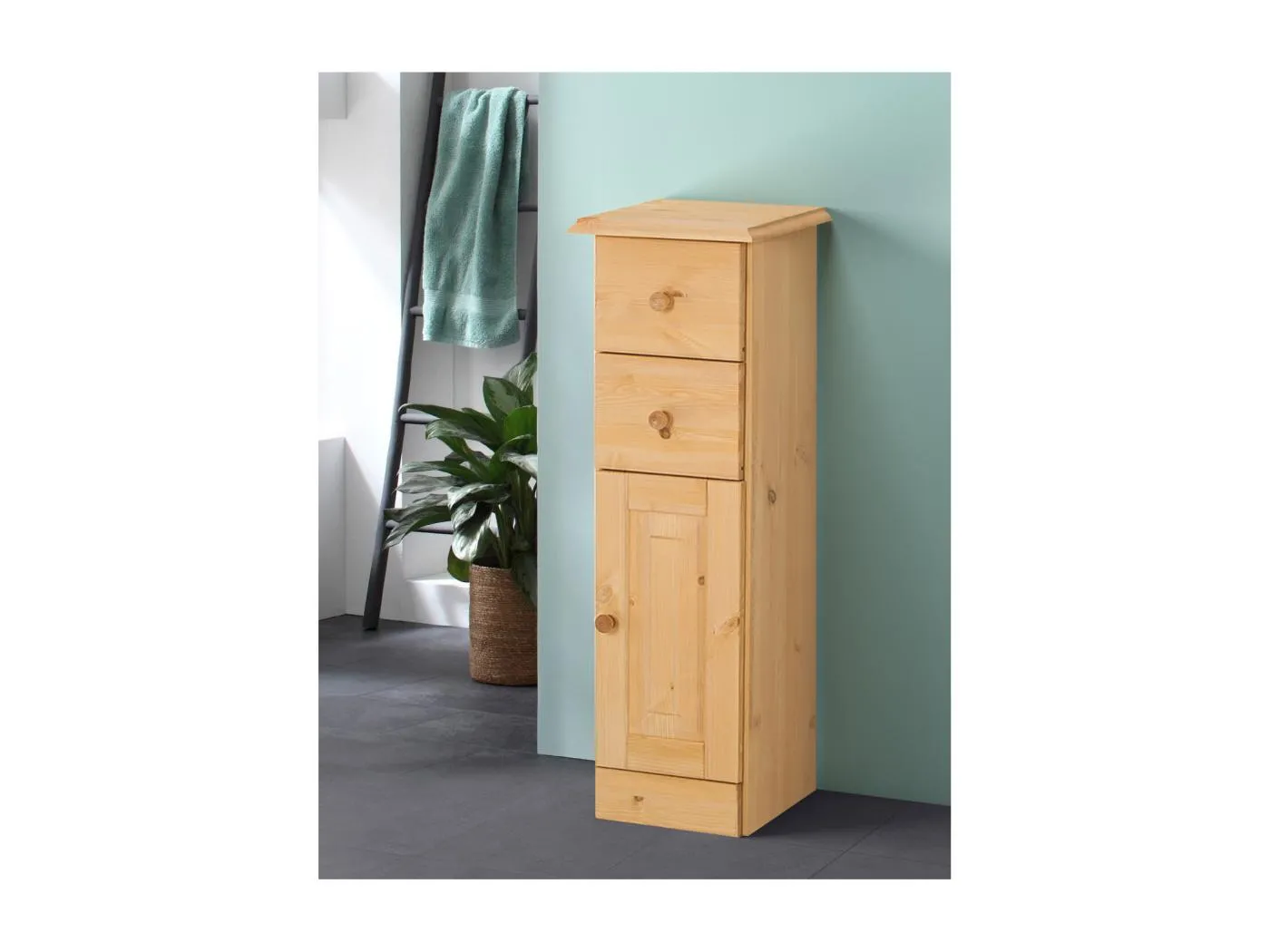 Cornelia | Schrank für Badezimmer mit 2 Schubladen und 1 Tür in Kiefer