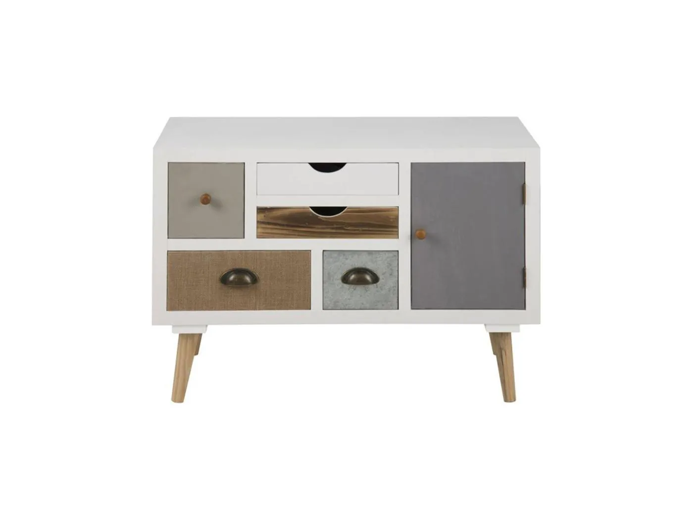 Thames Kommode in weiß mit 1 Tür und 5 verschiedenfarbigen Schubladen. Fertig montiert.