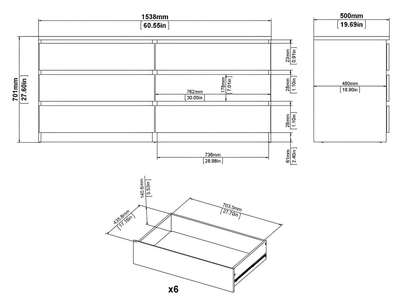 Nada Kommode breit mit 6 Schubladen, beton dekor,weiss hochglanz.