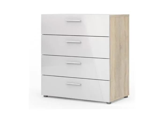 Petra Kommode 4 Schubladen Eiche Struktur Dekor und weiss Hochglanz.