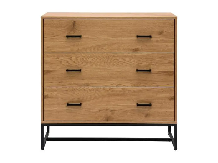 Kommode mit 3 Schubladen in hellem Eichenholzfinish und schwarzem Metall B100 cm LOVATO